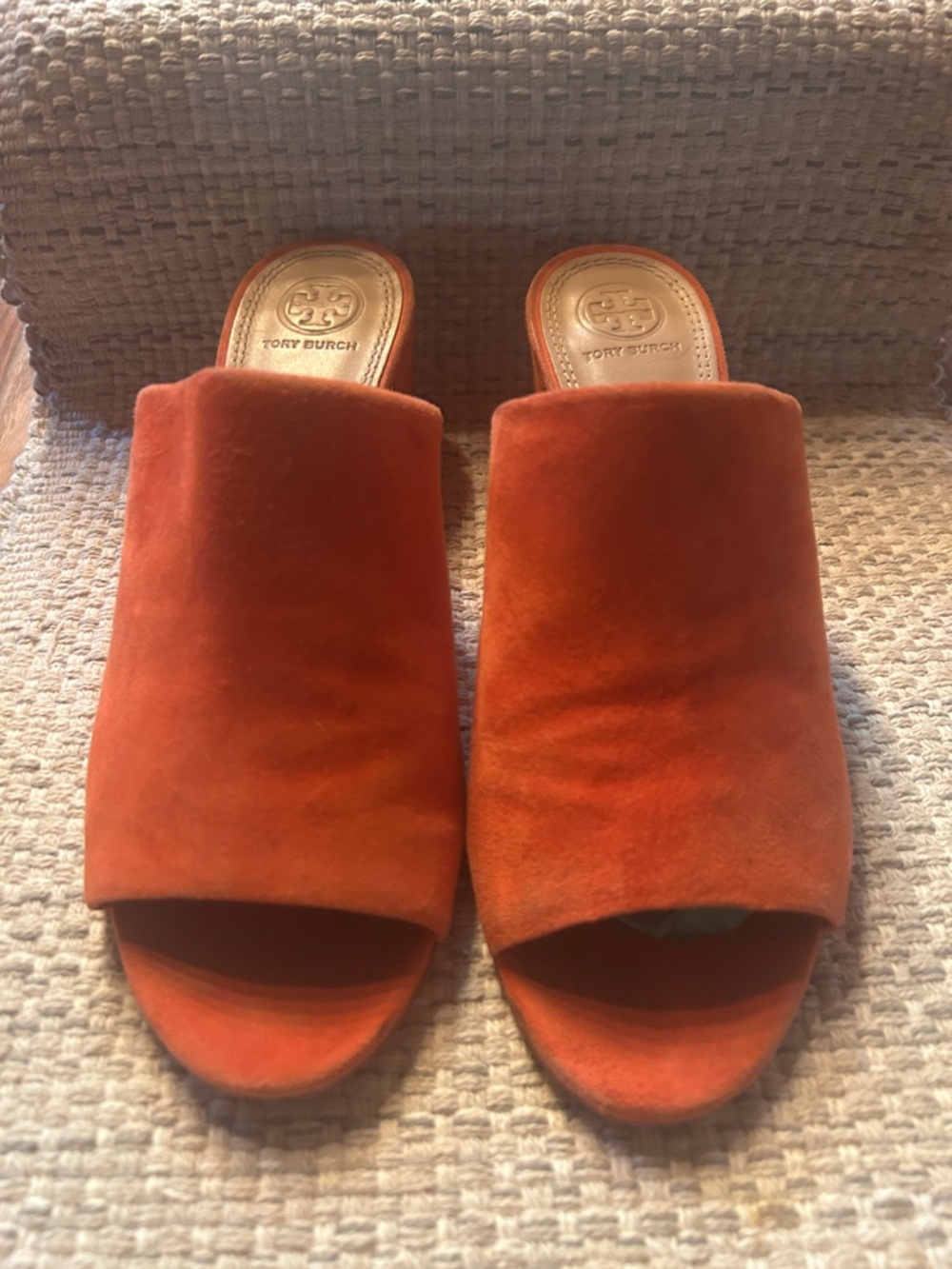 Tory Burch Orange Suede Open-Toe Mules